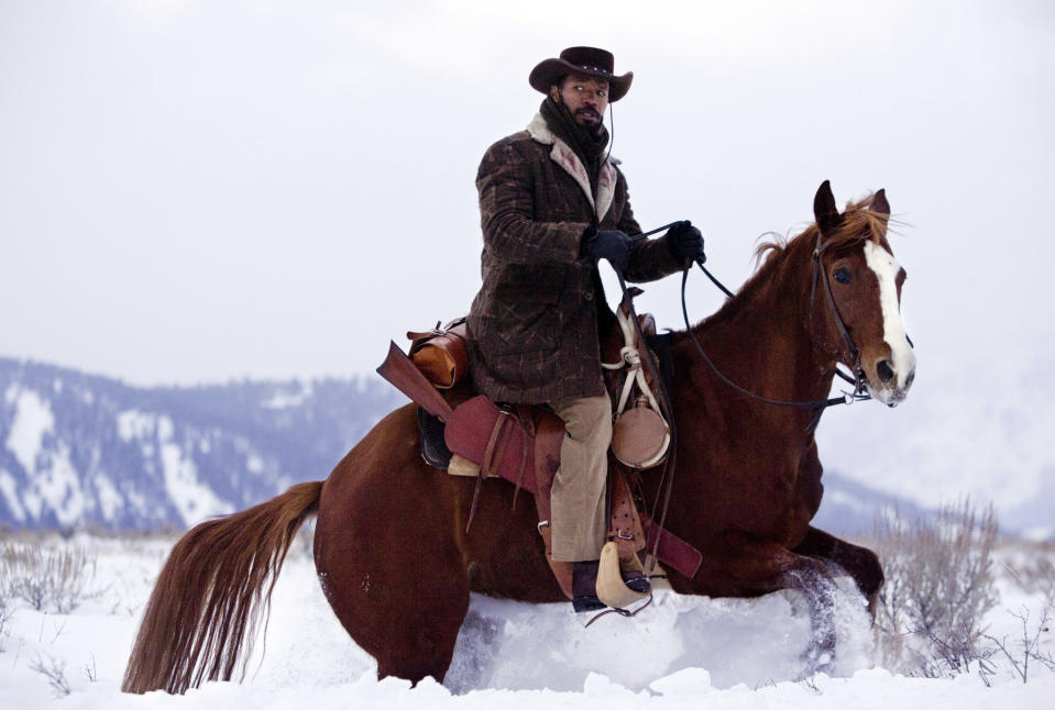 Jamie Foxx rides a horse through the snow in "Django Unchained"