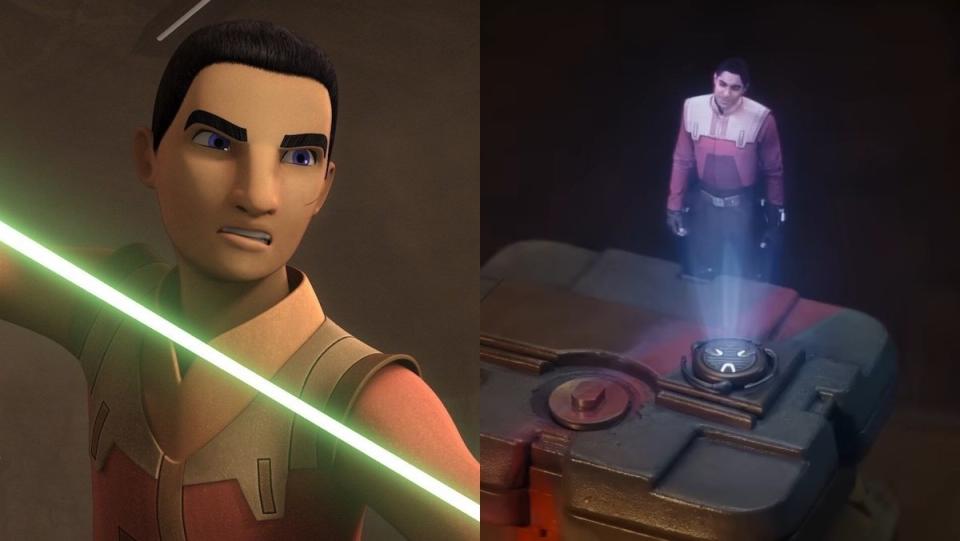 Ezra Bridger with his green lightsaber on Star Wars Rebels split with A small hologram of a live-action Ezra Bridger on Ahsoka