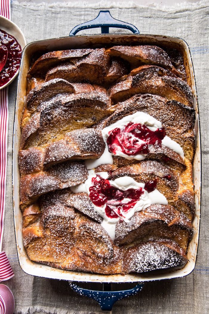 Baked Cinnamon Crème Brûlée French Toast with Raspberry Preserves