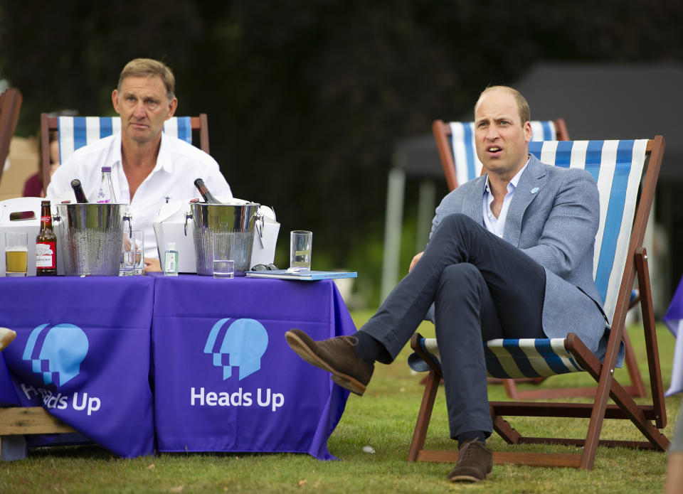 The Duke of Cambridge sits with former Arsenal player Tony Adams and representatives from Heads Up, Calm, Mind and Shout, and frontline workers from Norfolk, during a screening of the Heads Up FA Cup Final between Arsenal and Chelsea, at the Sandringham Estate in Norfolk, to mark the culmination of the Heads Up campaign.