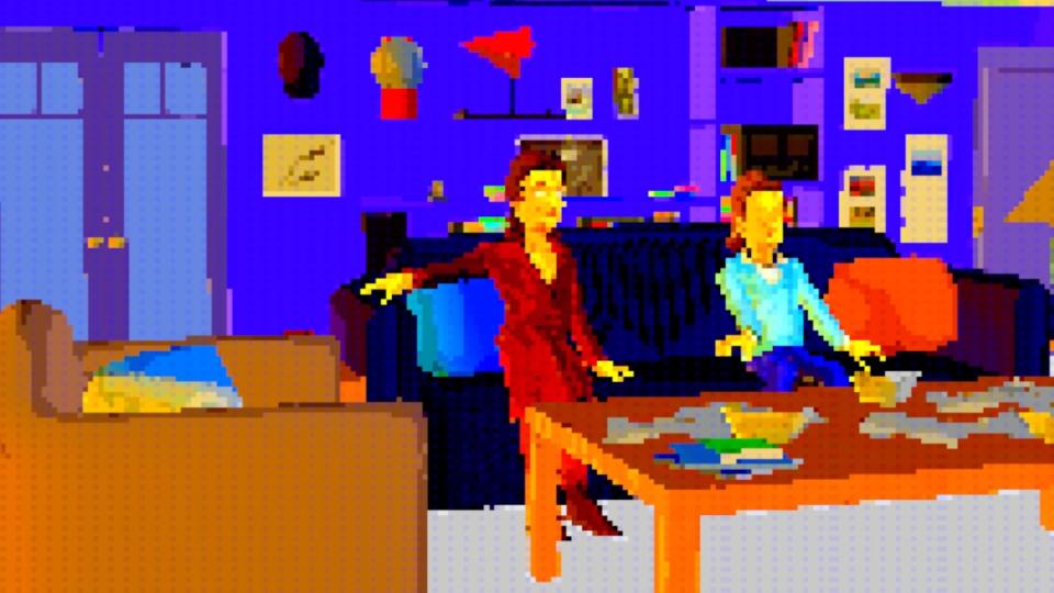 Still from an AI-generated Seinfeld parody. Pixelated animated versions of Elaine Benes and Jerry Seinfeld sit on a couch in an apartment.