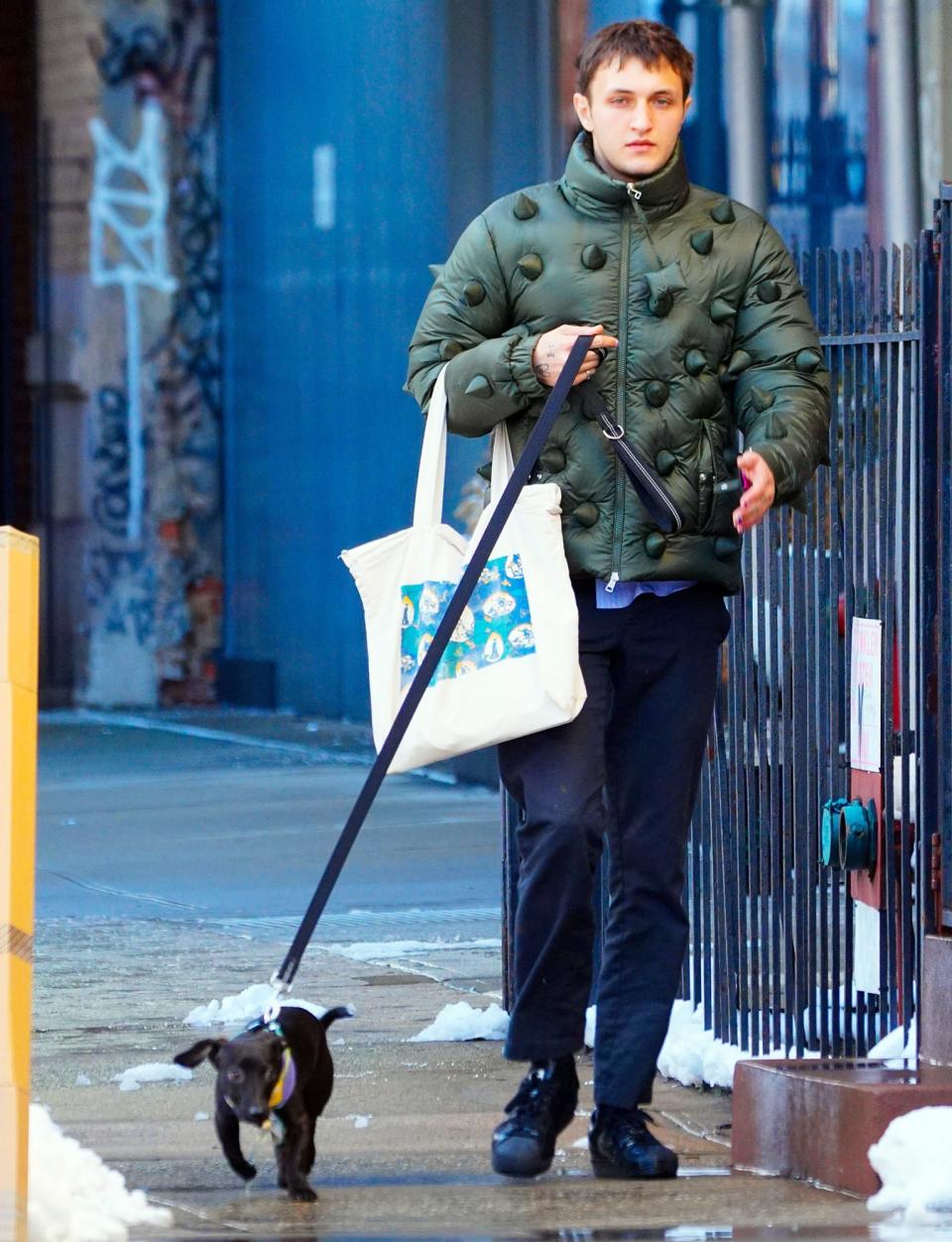 <p>Anwar Hadid walks dog Dexter through New York City on Thursday.</p>