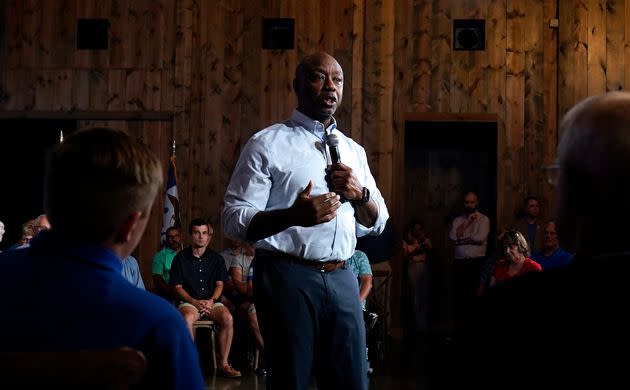 Republican presidential candidate Sen. Tim Scott (R-S.C.) speaks during a town hall meeting on June 14 in Pella, Iowa.