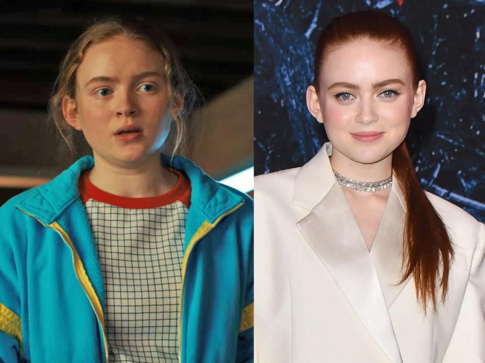 Side by side image of Sadie Sink (a young woman with red hair) in "Stranger Things" and at a red carpet event.