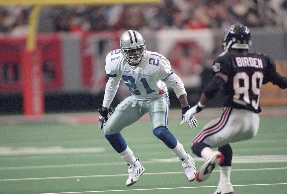 Over the course of 14 seasons, defensive back Deion Sanders was elected to eight Pro Bowls. <a href="https://www.gettyimages.com/detail/news-photo/dion-sanders-of-the-dallas-cowboys-guards-j-j-birden-of-the-news-photo/466184829?phrase=deion%20sanders&adppopup=true" rel="nofollow noopener" target="_blank" data-ylk="slk:Focus on Sport/Getty Images;elm:context_link;itc:0;sec:content-canvas" class="link ">Focus on Sport/Getty Images</a>