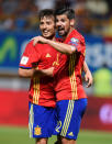 Football Soccer - Spain v Liechtenstein - World Cup 2018 Qualifying European Zone - Group G- Reino de Leon stadium, Leon, Spain - 5/9/16 Spain's David Silva (L) celebrates his goal with teammate Nolito. REUTERS/Eloy Alonso