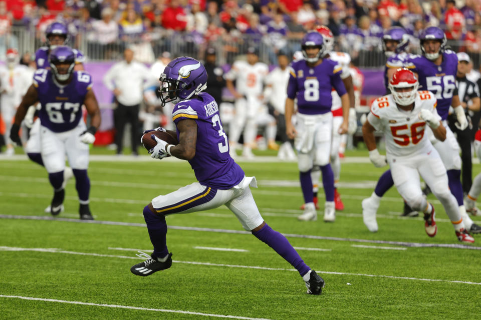 Minnesota Vikings wide receiver Jordan Addison (3) runs up field after catching a pass during the first half of an NFL football game against the Kansas City Chiefs, Sunday, Oct. 8, 2023, in Minneapolis. (AP Photo/Bruce Kluckhohn)