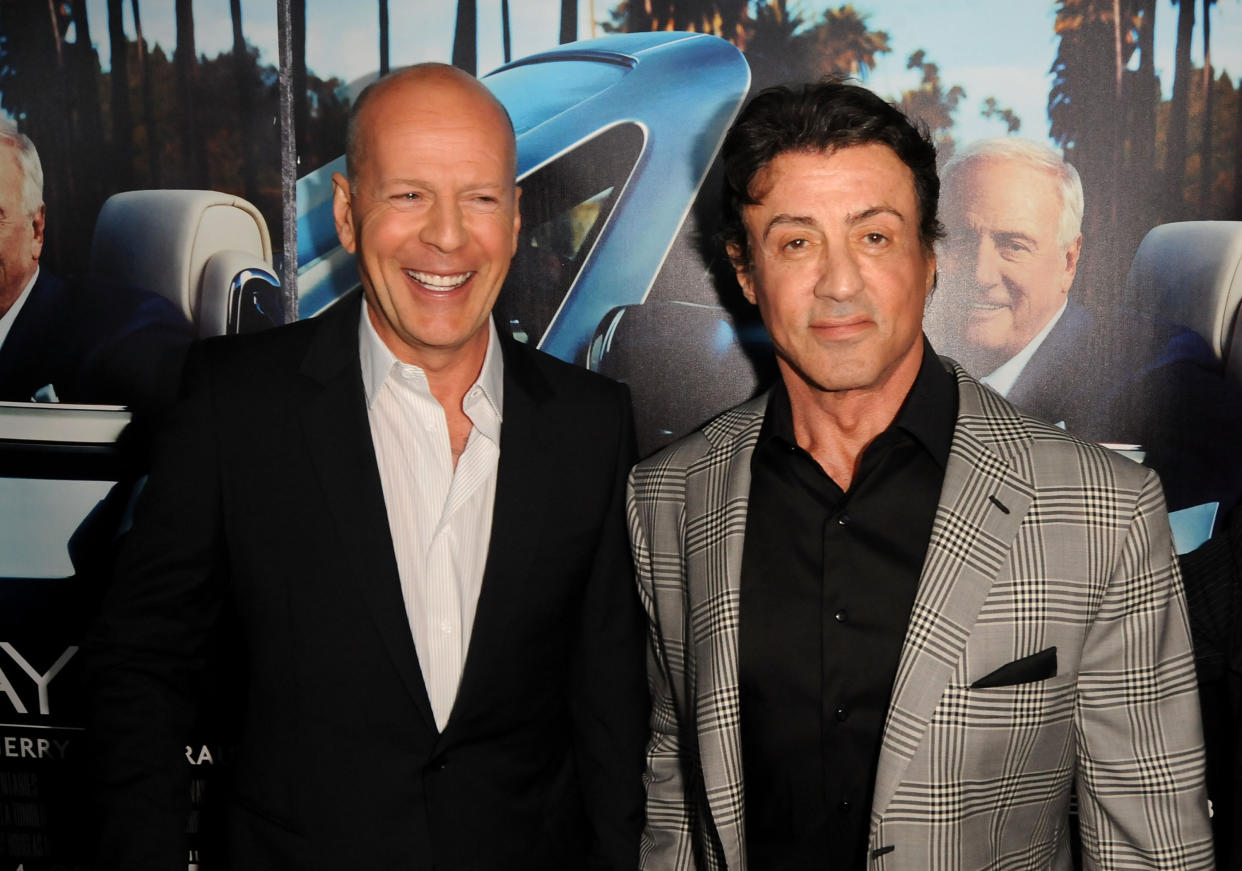 Actors Bruce Willis and Sylvester Stallone arrive at Los Angeles premiere of HBO's 