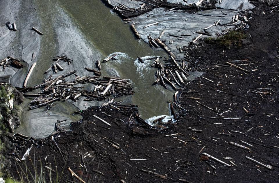 Tree trunks, debris and mud obstruct water flow in a dam.