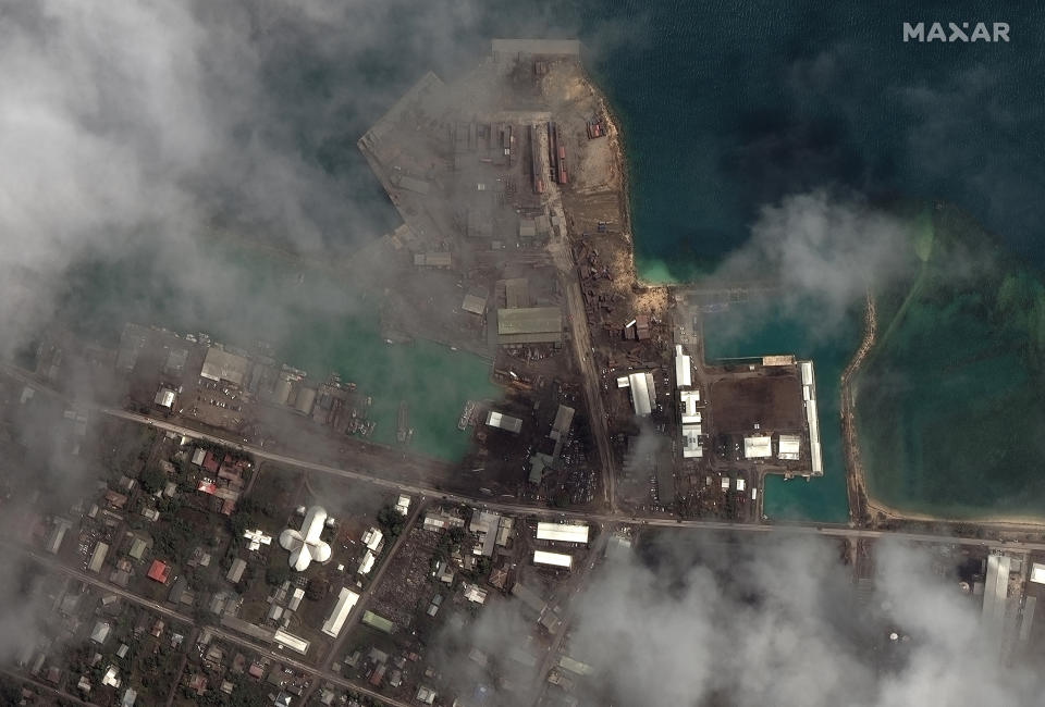 This satellite image provided by Maxar Technologies shows the main port facilities in Nuku’alofa, Tonga Tuesday, Jan. 18, 2022, after a huge undersea volcanic eruption and tsunami. (Satellite image ©2022 Maxar Technologies via AP)