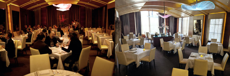 The Michelin-starred Plumed Horse in Saratoga, California has reduced its number of tables for the comfort of customers fearful of the coronavirus. The dining room, before and after the change, is depicted. (Photo: Courtesy of Lindsay Stevens PR)