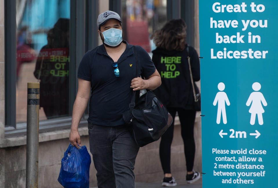 Social distancing advice on a sign in Leicester, as the city�s spike in coronavirus cases has sparked a report that it may be the first UK location to be subjected to a district lockdown.