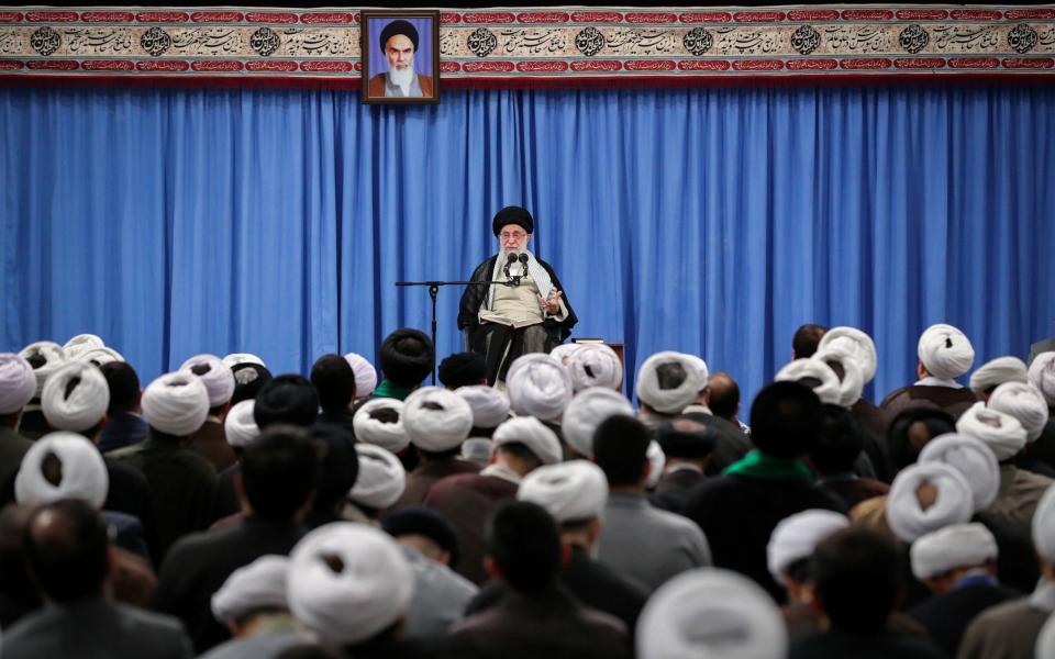 Iranian Supreme Leader Ayatollah Ali Khamenei speaking during a ceremony in Tehran on Tuesday. US officials have blamed the Islamic republic for an attack on Saudi oil facilities on Saturday - REX