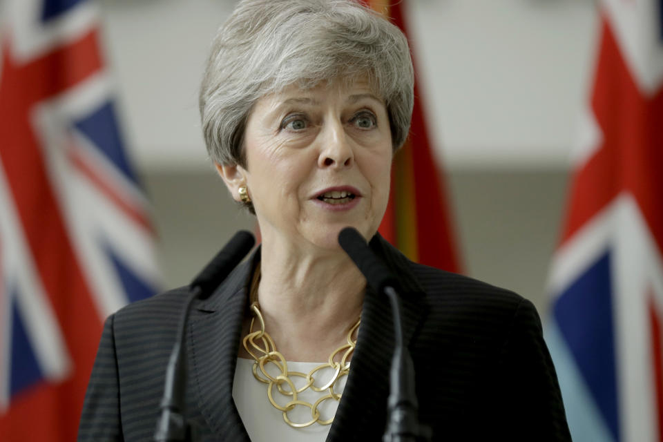 Prime Minister Theresa May makes a speech during a visit to the Permanent Joint Headquarters (PJHQ) and Nato's maritime headquarters in Northwood, north-west London.