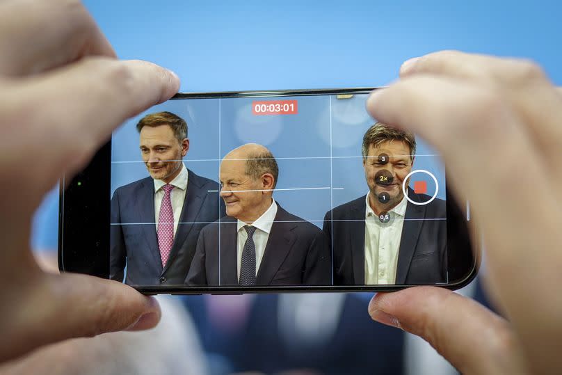 German Chancellor Olaf Scholz, center, Minister for Economic Affairs and Climate Protection Robert Habeck, and Minister of Finance Christian Lindner, Friday, July 5, 2024.