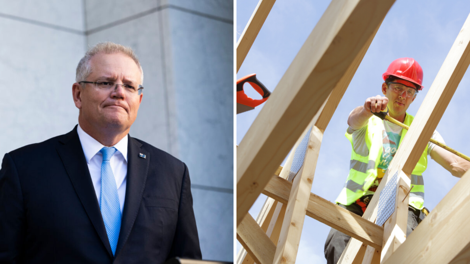 Scott Morrison appears on the left. He is frowning. On the right, a builder is building a home. He can be seen through wooden scaffolding. 