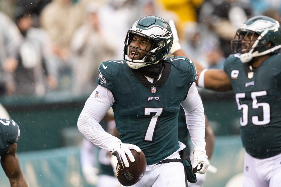 Oct 2, 2022; Philadelphia, Pennsylvania, USA; Philadelphia Eagles linebacker Haason Reddick (7) reacts after receiving a fumble during the second quarter against the Jacksonville Jaguars at Lincoln Financial Field.