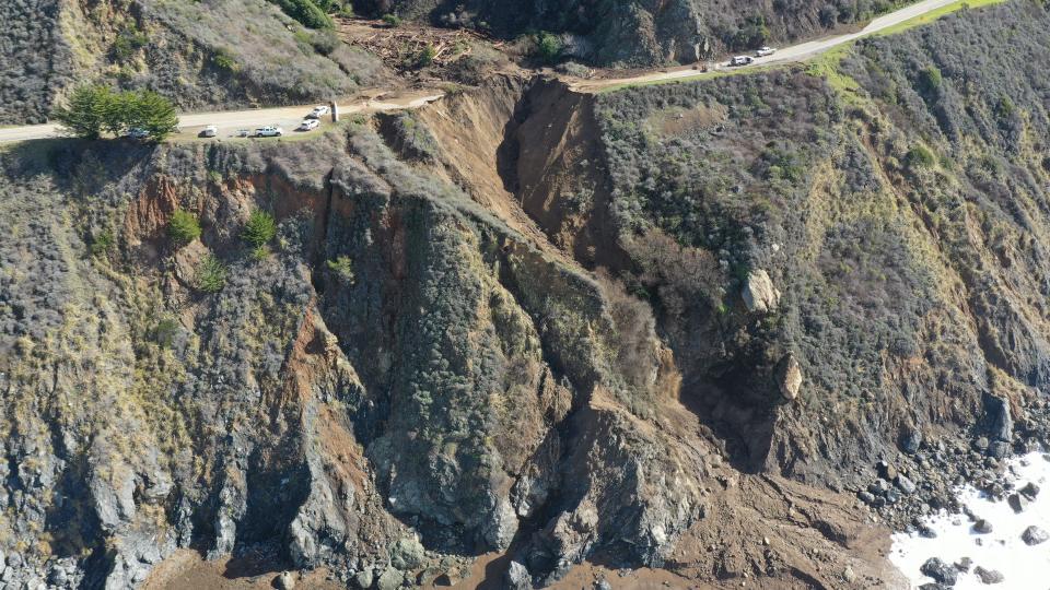 California Department of Transportation closed Highway 1 in Monterey County, California, for months after a Jan. 28, 2021, post-fire debris flow washed out 150 feet of the roadway.