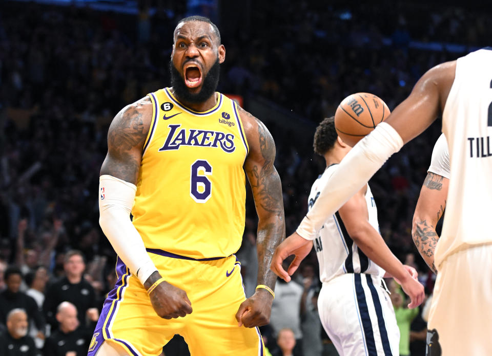 LeBron James celebrates his basket in Game 4 against the Grizzlies. The Lakers are up 3-1 in the series. (Wally Skalij/Los Angeles Times via Getty Images)