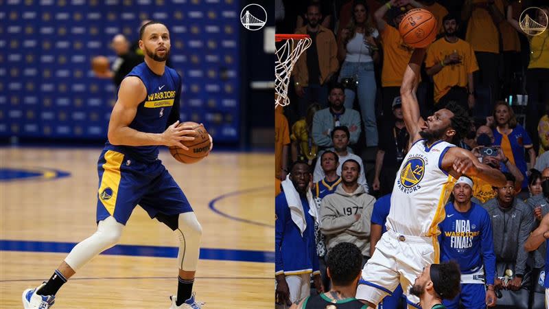 勇士陣中缺失柯瑞（Stephen Curry）、威金斯（Andrew Wiggins）2名大將。（組合圖／翻攝自勇士推特）