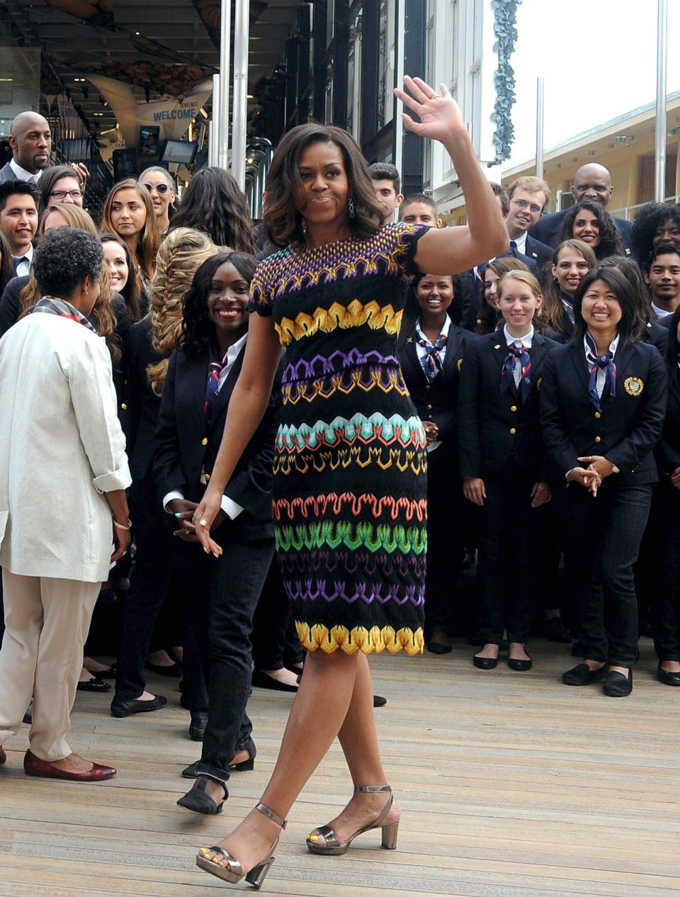 First Lady Michelle Obama arrives at the United States Pavilion at the Milan Expo to talk about her efforts to promote healthier lifestyles for kids. 