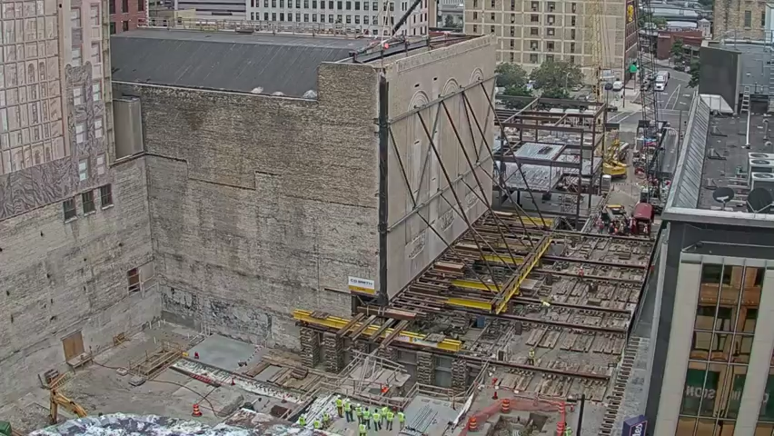 One wall of the historic Grand Theater was preserved and moved during construction.