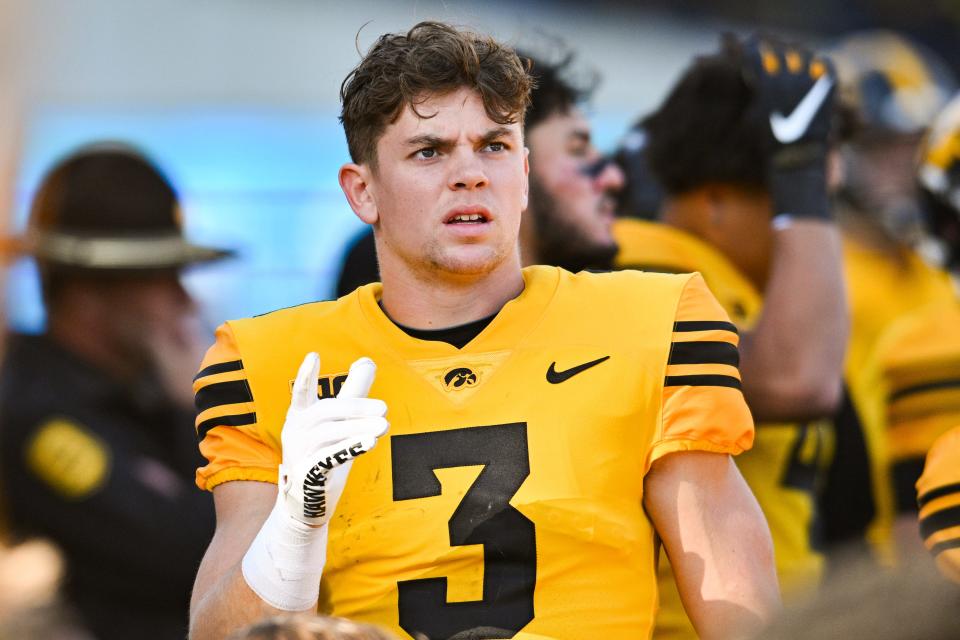 Oct 21, 2023; Iowa City, Iowa, USA; Iowa Hawkeyes defensive back Cooper DeJean (3) reacts during the second quarter against the Minnesota Golden Gophers at Kinnick Stadium. Mandatory Credit: Jeffrey Becker-USA TODAY Sports