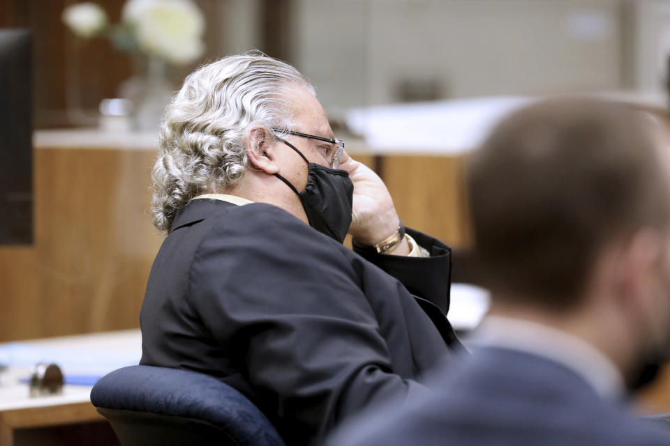 Defense attorney David Chesnoff listens while defendant Robert Durst testifies in his murder trial at the Inglewood Courthouse on Monday, Aug. 9, 2021, in Inglewood, Calif. Durst is charged with the 2000 murder of Susan Berman inside her Benedict Canyon home. The New York real estate scion testified Monday that he did not kill his best friend Berman. (Gary Coronado /Los Angeles Times via AP, Pool)