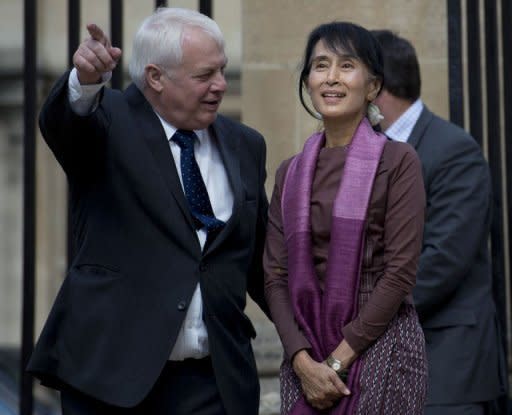 Myanmar democracy icon Aung San Suu Kyi (R) is greeted by the Chancellor of the Universty of Oxford Chris Patten during a visit to Oxford University. The Myanmar democracy icon spent nearly 20 years in Oxford and brought up her family there, and when she left for her homeland to care for her dying mother in 1988 she had no idea it would be nearly a quarter of a century before she would return