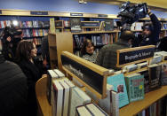 Democratic presidential candidate Sen. Kamala Harris, D-Calif., far left, makes her way through Gibson's Bookstore & Cafe during a campaign stop, Monday, Feb. 18, 2019, in Concord, N.H. (AP Photo/Elise Amendola)