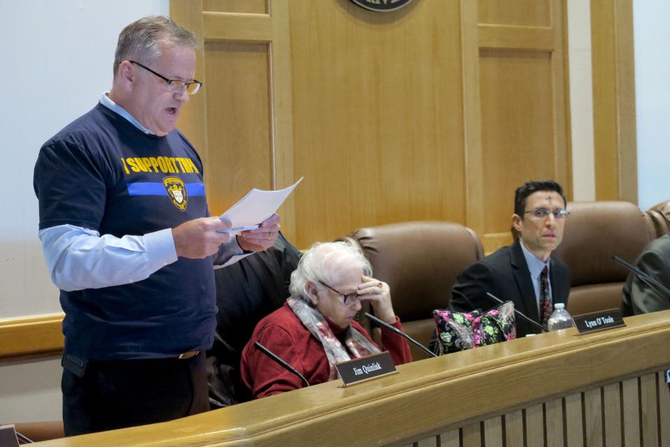 Toms River councilman James Quinlisk during the Council meeting Wednesday, February 14, 2024, against the ordinance which cuts two captains' jobs and one patrol officer. Mayor Dan Rodrick said he has already eliminated the need for the council to vote on the ordinance by already making the changes in the department.