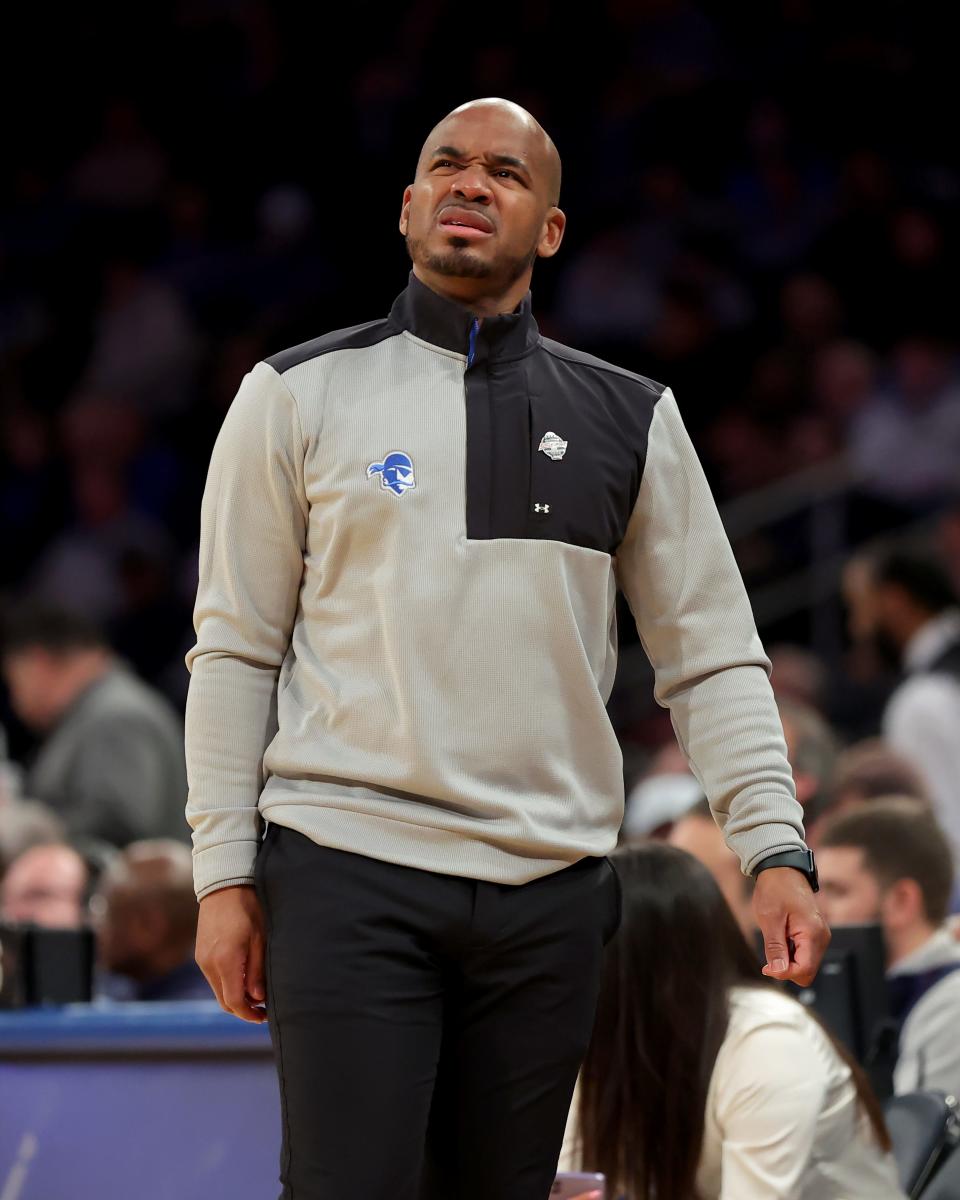 Seton Hall Pirates head coach Shaheen Holloway reacts as he coaches against the DePaul Blue Demons during the first half at Madison Square Garden.