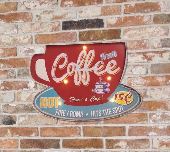 Vintage coffee shop sign with neon-style lights against a brick wall, ideal for home decor