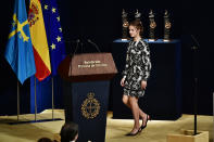 Leonor, Princess of Asturias walks to deliver her speech at the 2022 Princess of Asturias Awards ceremony in Oviedo, northern Spain, Friday, Oct. 28, 2022. The awards, named after the heir to the Spanish throne, are among the most important in the Spanish-speaking world. (AP Photo/Alvaro Barrientos)