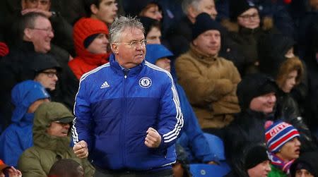 Football Soccer - Crystal Palace v Chelsea - Barclays Premier League - Selhurst Park - 3/1/16 Chelsea manager Guus Hiddink celebrates after Willian scored their second goal Action Images via Reuters / John Sibley Livepic