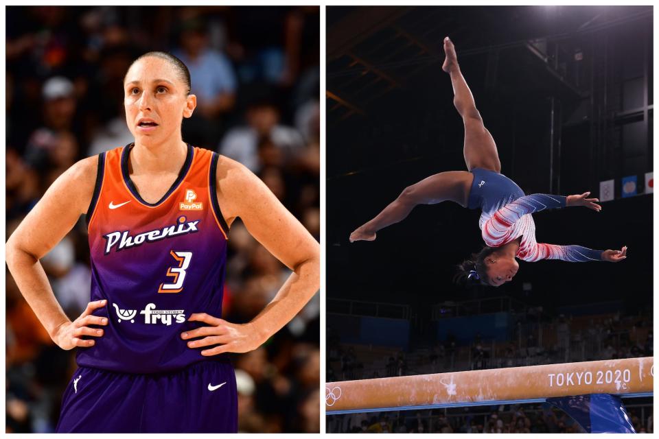 In a side-by-side photo, Diana Taurasi looks on with her hands on her hips while Simone Biles flips on the balance beam at the Olympics.