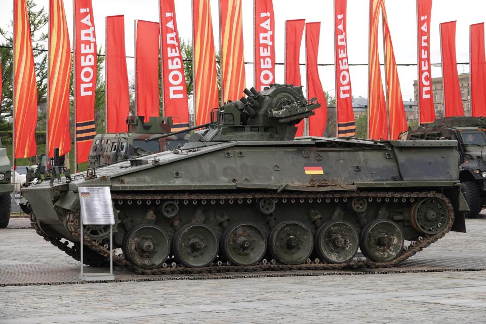 A captured infantry fighting vehicle made by Germany is put on display.