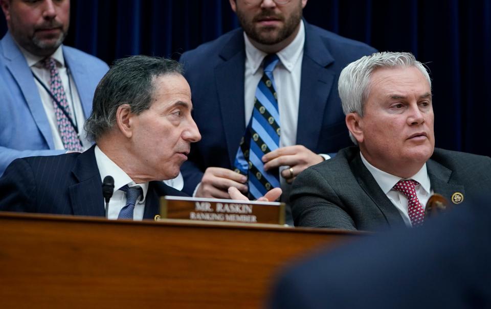 House Oversight Committee Chair James Comer, R-Ky., right, and Ranking Member Rep. Jamie Raskin, D-Md., left, interacts as the House Committee on Oversight and Accountability holds a hearing entitled “Influence Peddling: Examining Joe Biden’s Abuse of Public Office.”