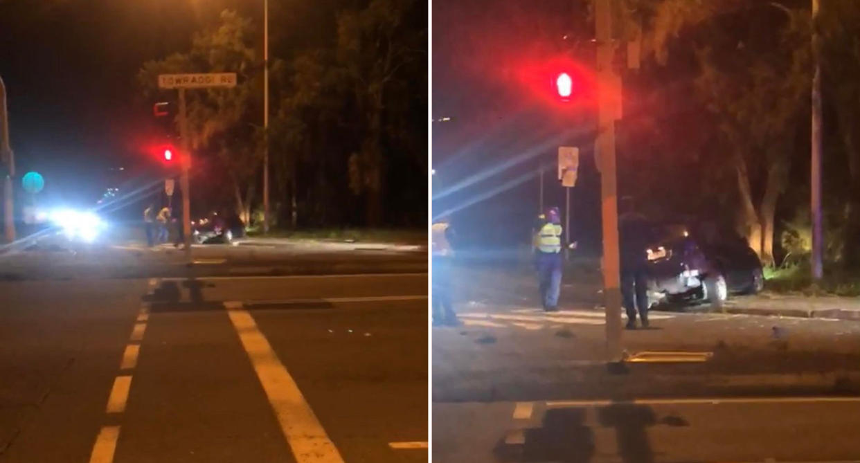 Police at the car crash scene before the boy's death.