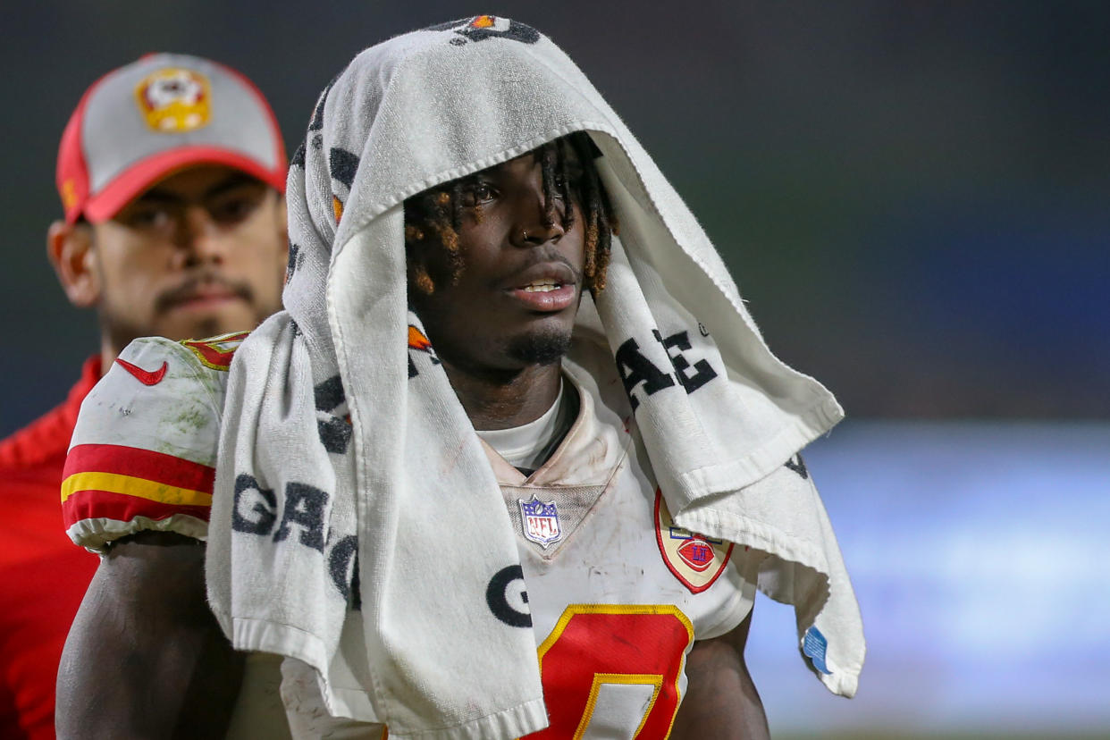LOS ANGELES, CA - NOVEMBER 19: Kansas City Chiefs wide receiver Tyreek Hill (10) walking into the locker room at halftime in a NFL game between the Kansas City Chiefs and the Los Angeles Rams on November 19, 2018 at the Los Angeles Memorial Coliseum in Los Angeles, CA. (Photo by Jordon Kelly/Icon Sportswire via Getty Images)