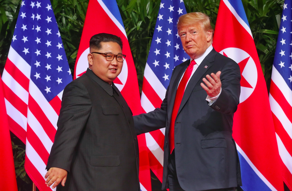 <em>The poll was taken as Trump met with North Korean leader Kim Jong-un in a historic summit (Rex)</em>