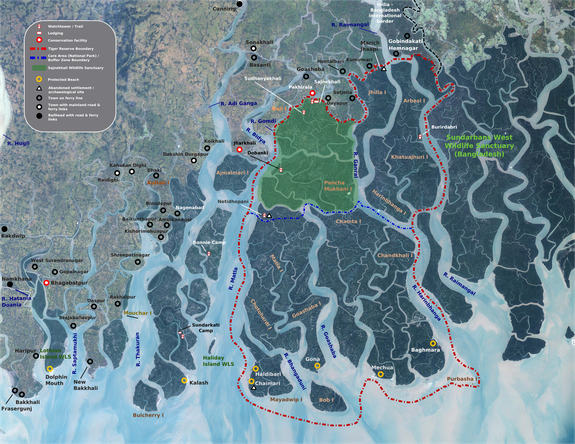 Map of Sundarbans National Park in Bangladesh.