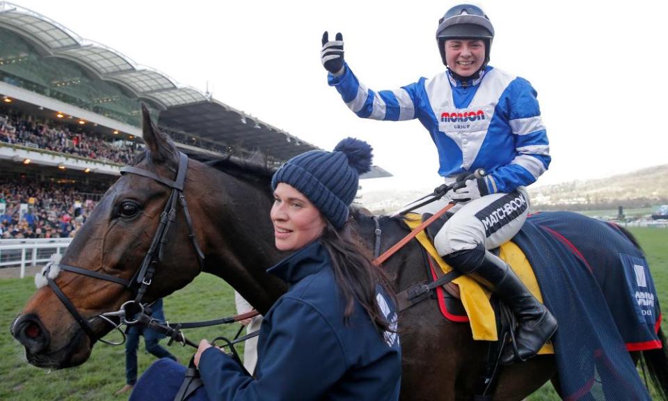 Bryony Frost celebrates victory on Frodon in the Ryanair Chase at the Cheltenham Festival.