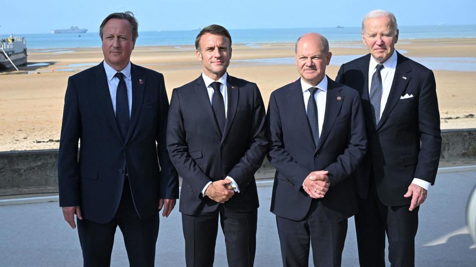 David Cameron, Emmanuel Macron, Olaf Scholz and Joe Biden attending the D-Day 80 International Ceremony at Omaha Beach, Normandy.