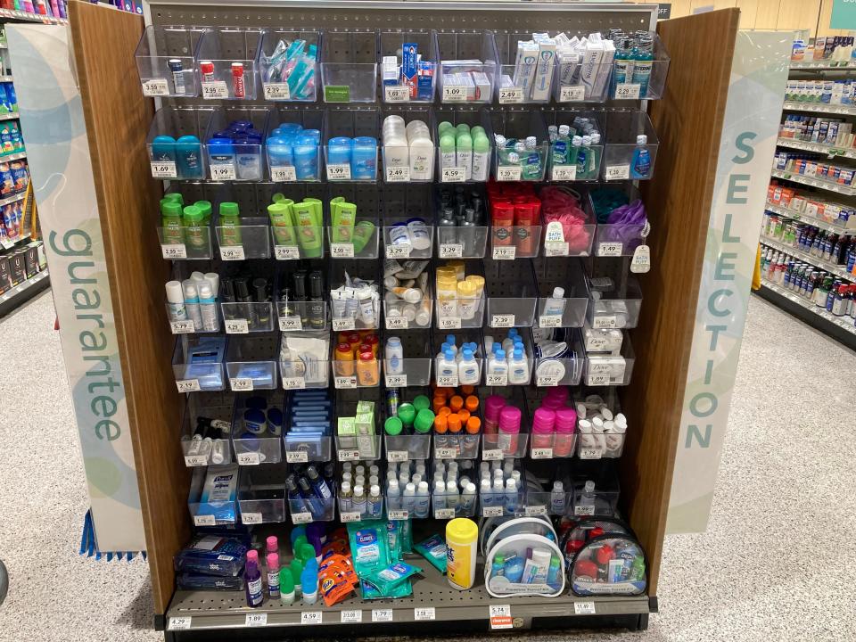 A section of travel-size toiletries at Publix in Tennessee