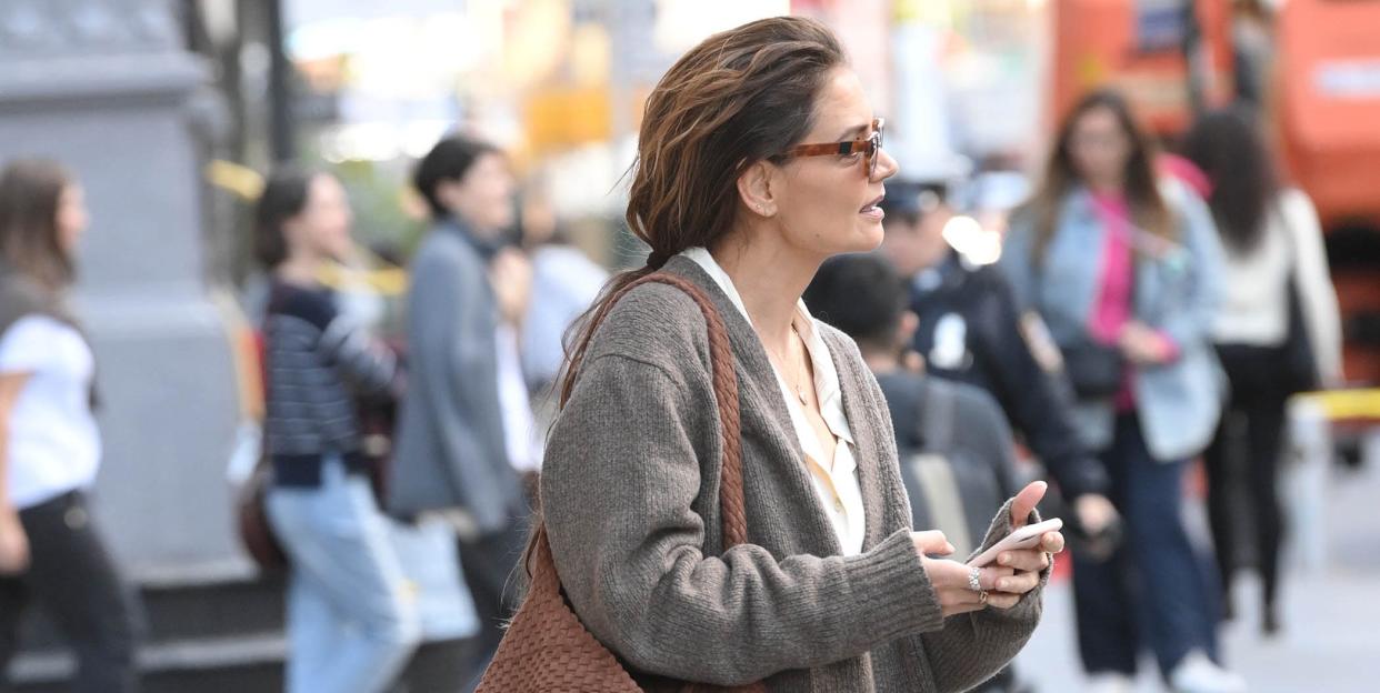 katie holmes spotted out and about in nyc carrying dune london bag