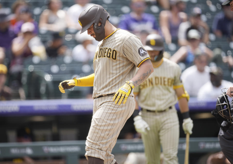 San Diego Padres' Gary Sanchez crosses home plate after hitting a solo home run off of Colorado Rockies starting pitcher Kyle Freeland in the sixth inning of a baseball game Wednesday, Aug. 2, 2023, in Denver. (AP Photo/David Zalubowski)