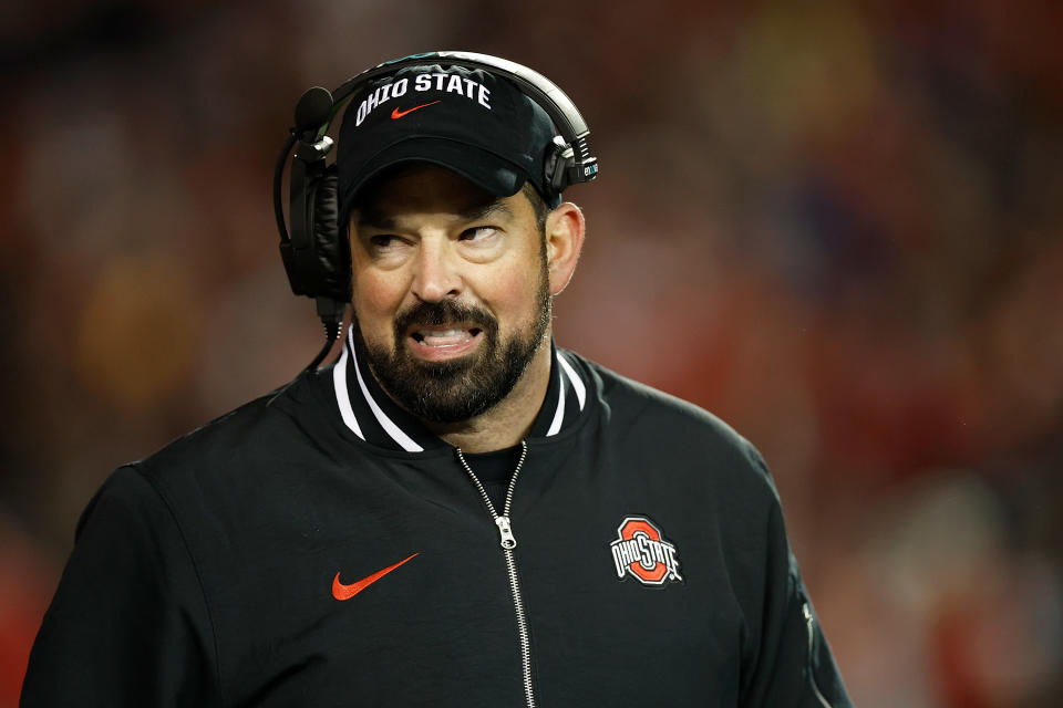 MADISON, WISCONSIN - OCTOBER 28: Ryan Day head coach of the Ohio State Buckeyes during the game against the Wisconsin Badgers at Camp Randall Stadium on October 28, 2023 in Madison, Wisconsin. (Photo by John Fisher/Getty Images)