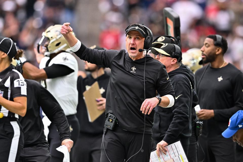 New Orleans Saints head coach Dennis Allen reacts one the sideline during the fourth quarter against the Houston Texans at NRG Stadium.