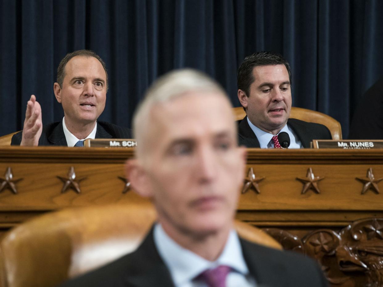 Top Republicans Devin Nunes of California (right) and Trey Gowdy of South Carolina (foreground) are expected to be at the meeting; top Intelligence Committee Democrat Adam Schiff of California (left) is not: Photo by Drew Angerer/Getty Images